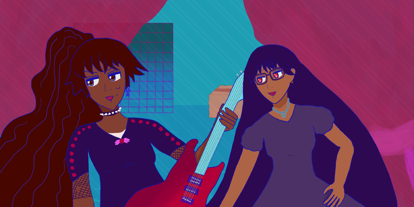 Jasmin is looking off the side and sweating hard as Maria seems to sashay near her. Jasmin is wearing punk-style black shirt with half-sleeves and rose designs down the shoulders and a centered rose with a purple leaf-slash-wings motif on her v-neck. There's mesh half-sleeves and an apparent white undershirt underneath too. She carries a red guitar, wears a spiked choker, and an ankh earring. Her brown hair is tied up and flowing like a waterfall behind her and she has sparkling brown eyes that are faced away as she sweats. Maria is confident, has red fantasy Spectral eyes, flowing long black hair, and light bronze skin. She wears a dark dress and an fantasy dual-ankh-styled necklace representing her fantasy gods. There's red curtains behind them with some backstage material, including a cardboard box. The walls and floor are teal-aquamarine.